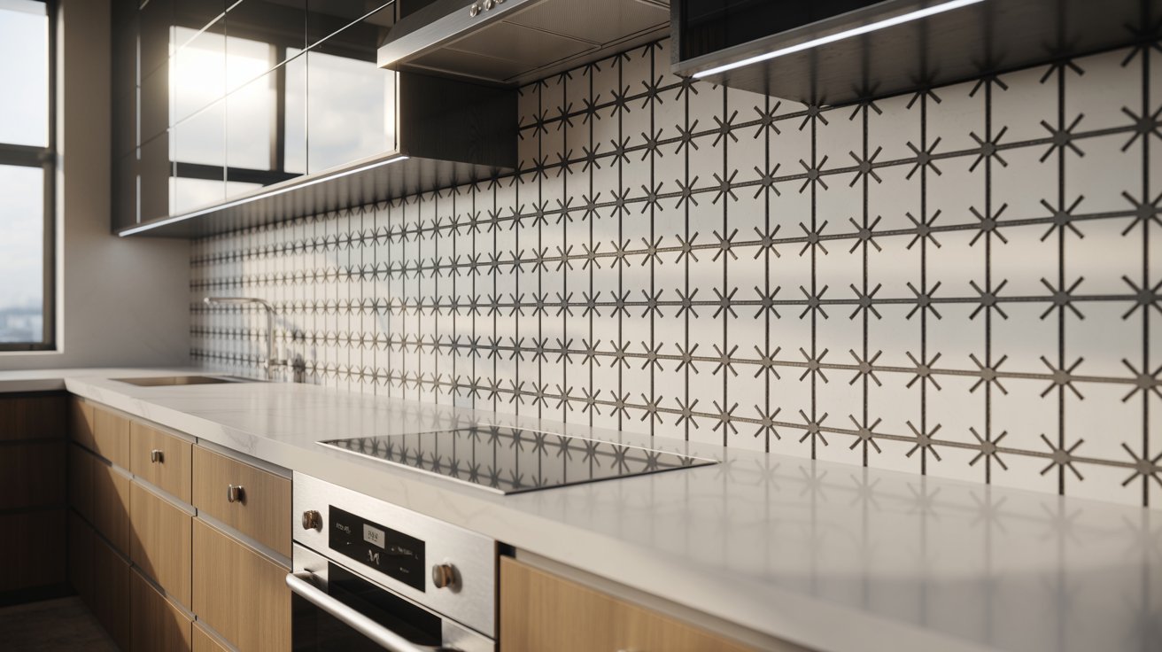  A modern kitchen featuring a striking white and black tiled wall, enhancing the contemporary design of the space.