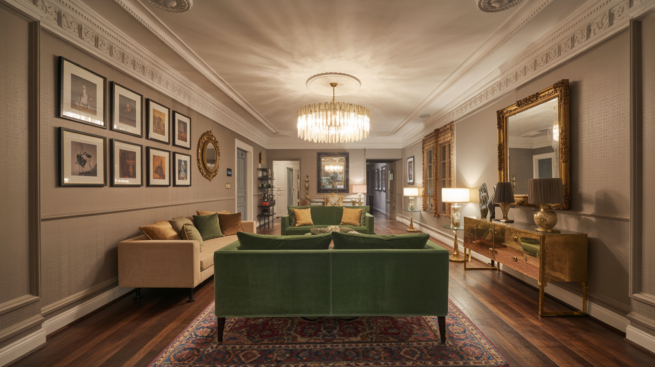 A stylish living room with a green couch and a large mirror reflecting the space.
