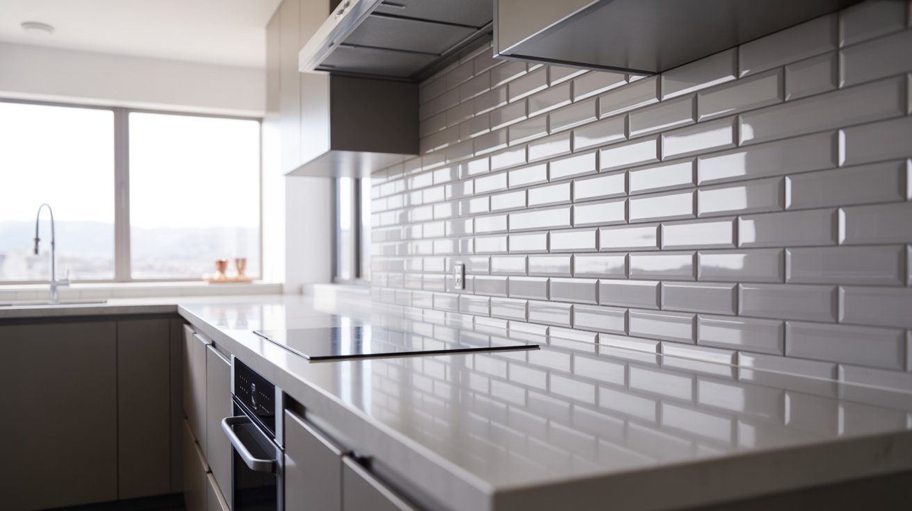 Contemporary kitchen with a white tile backsplash and polished stainless steel appliances.