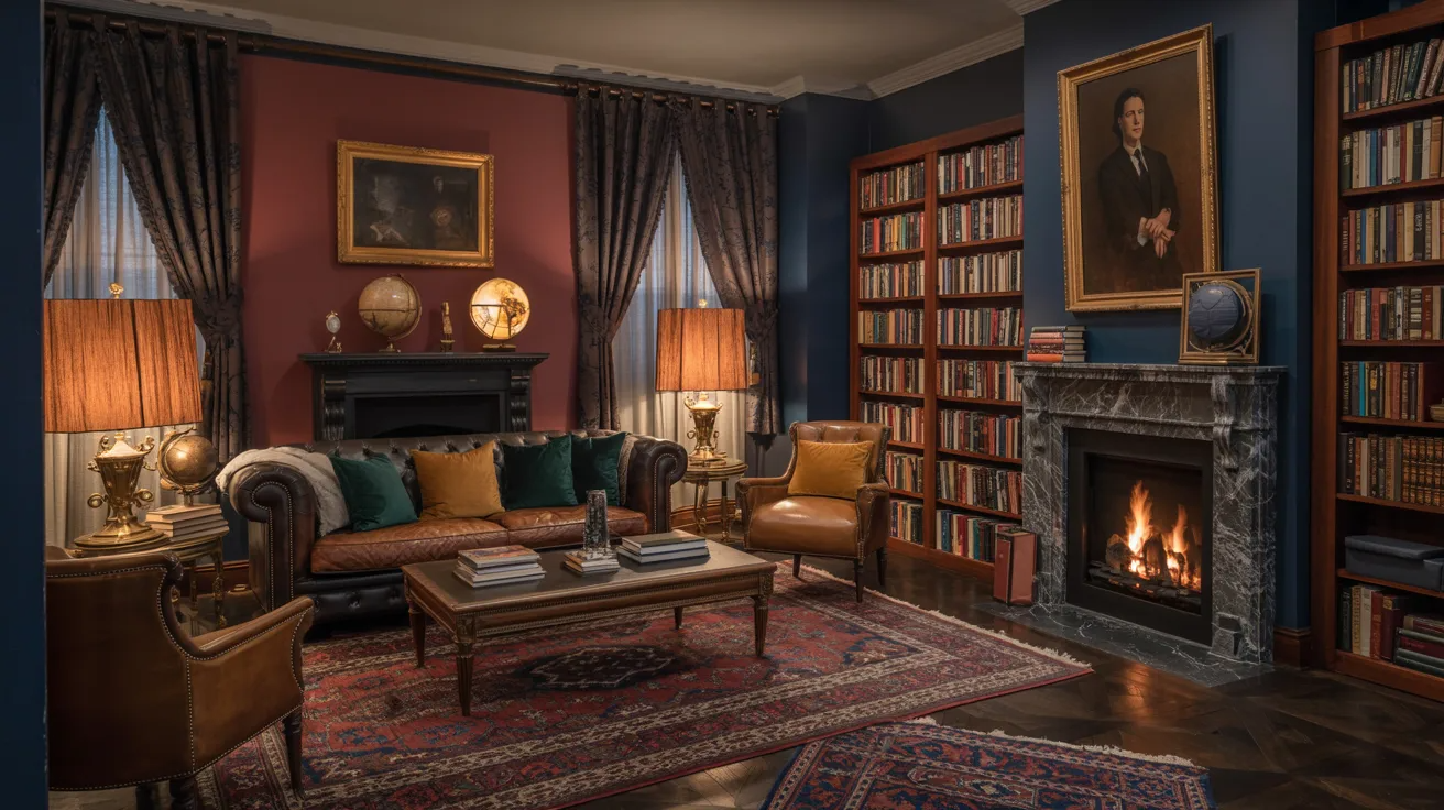  A cozy library featuring a fireplace surrounded by tall bookshelves filled with books.
