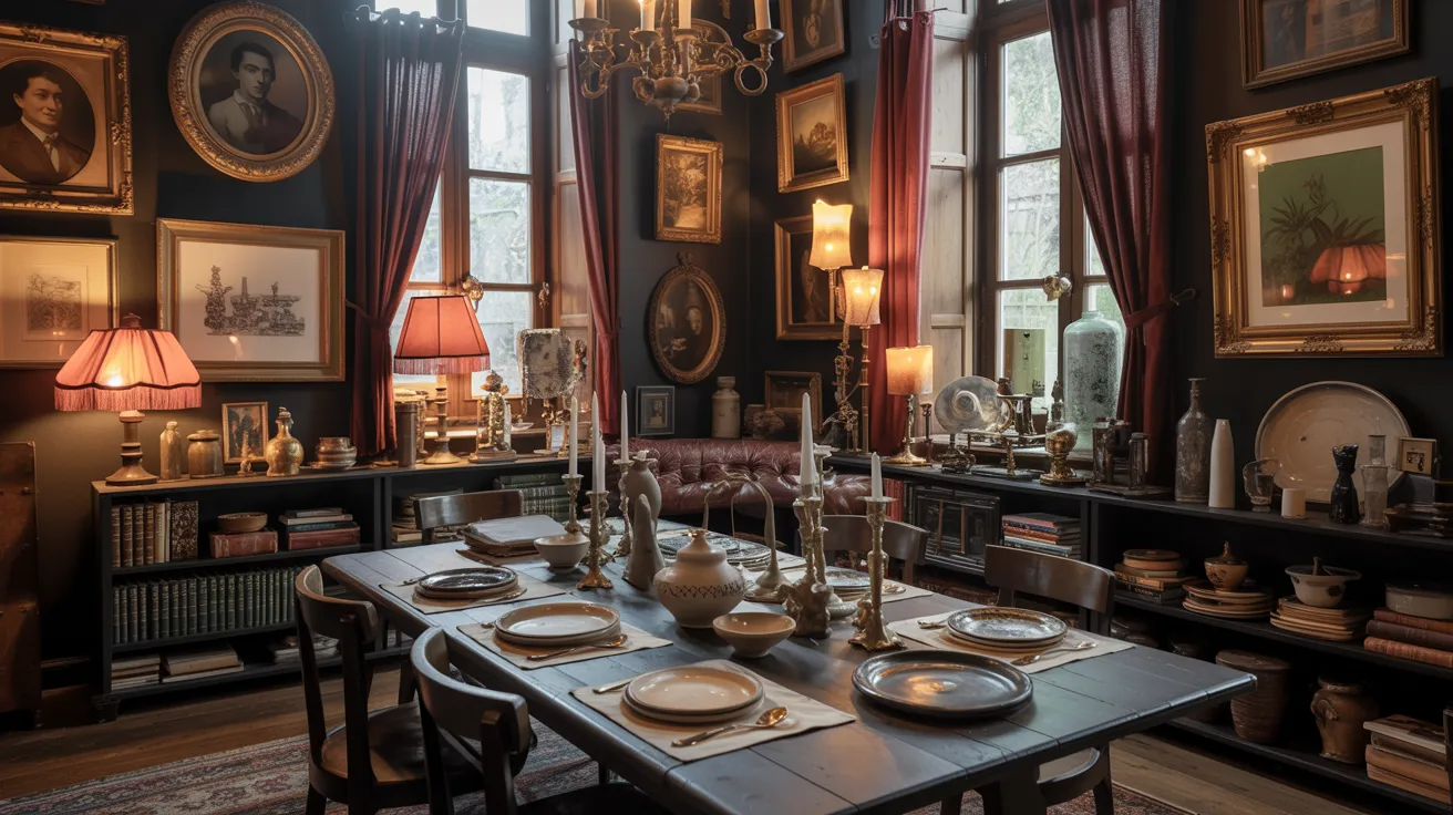 A dining room featuring numerous framed pictures adorning the walls, creating a warm and inviting atmosphere.