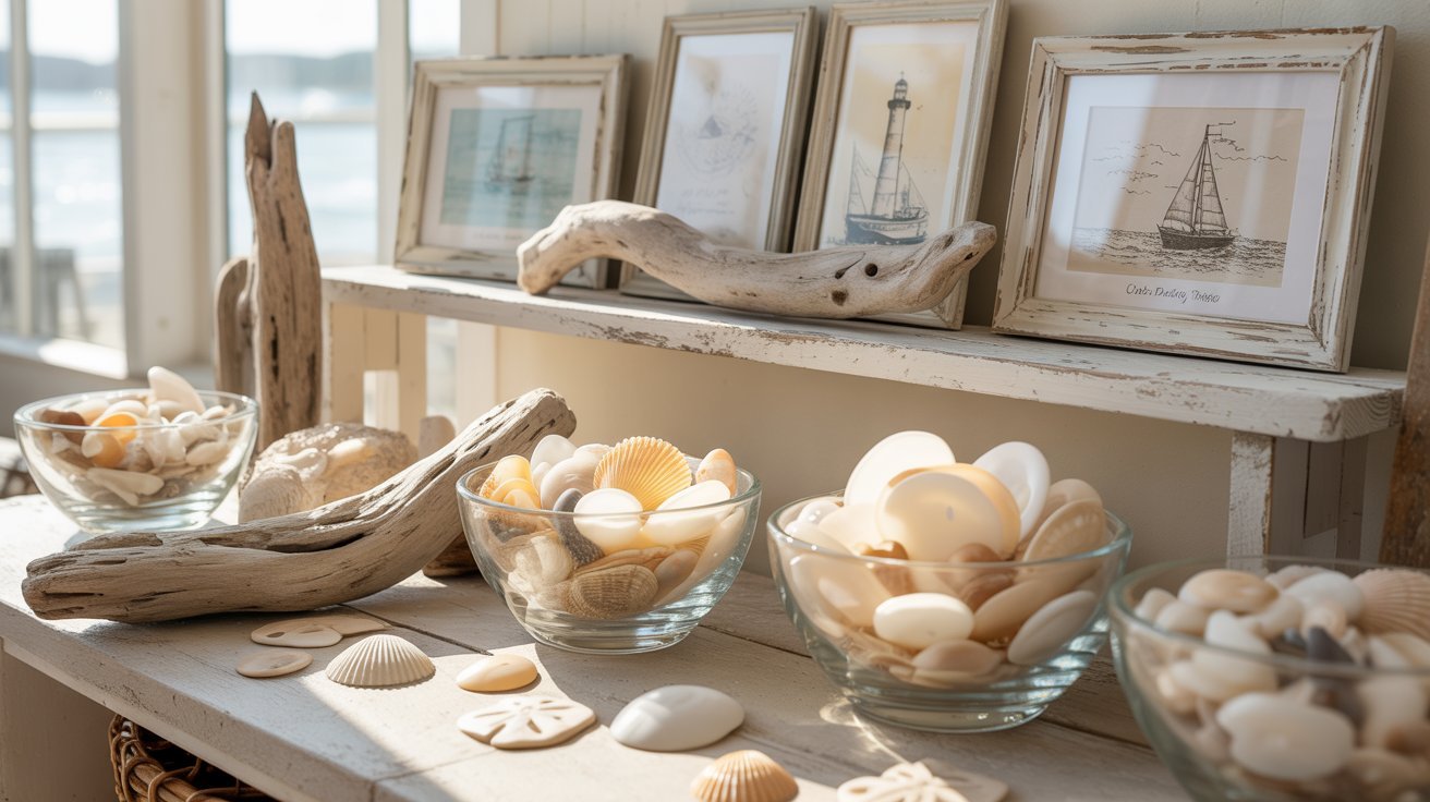 A collection of shells and assorted items neatly arranged on a wooden shelf.
