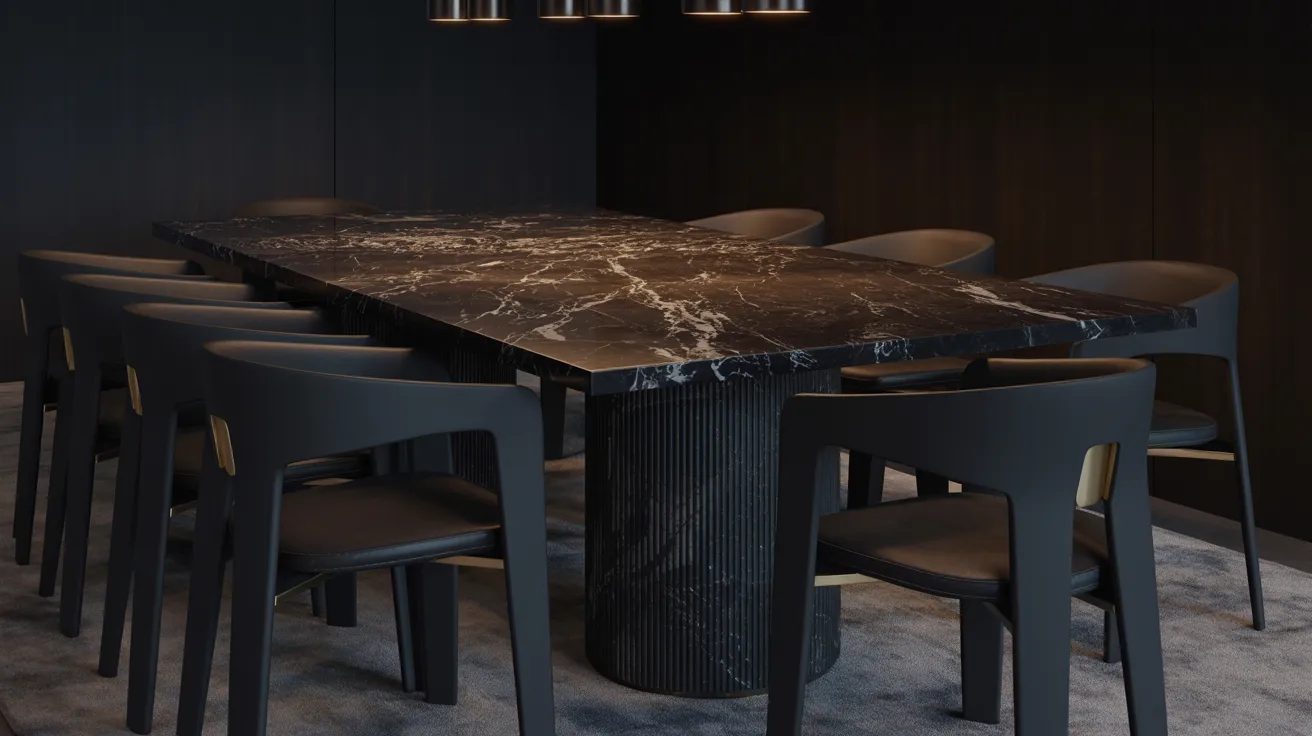 A sleek black marble table surrounded by matching black chairs in a modern setting.