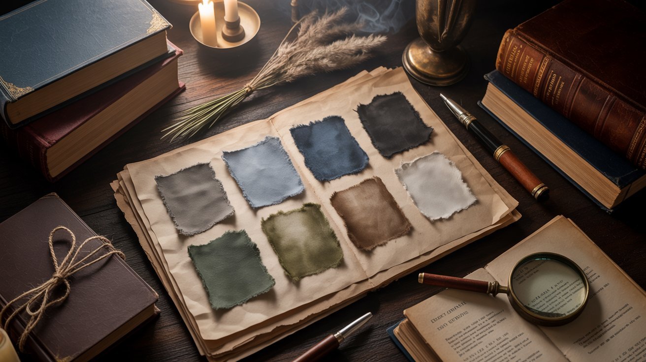An old book and a magnifying glass among various items displayed on a wooden table.
