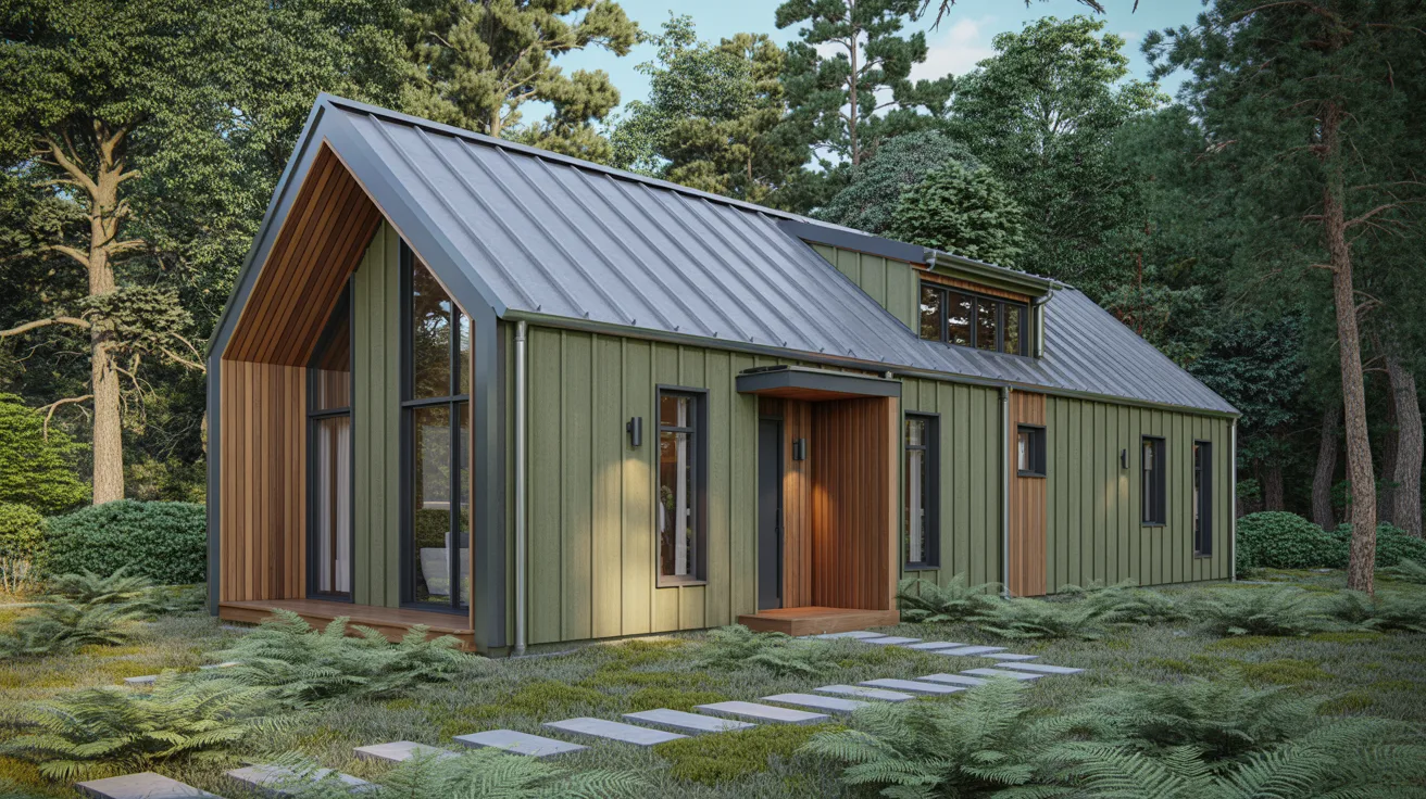 A small wooden house nestled in the woods, featuring a distinctive metal roof surrounded by trees.
