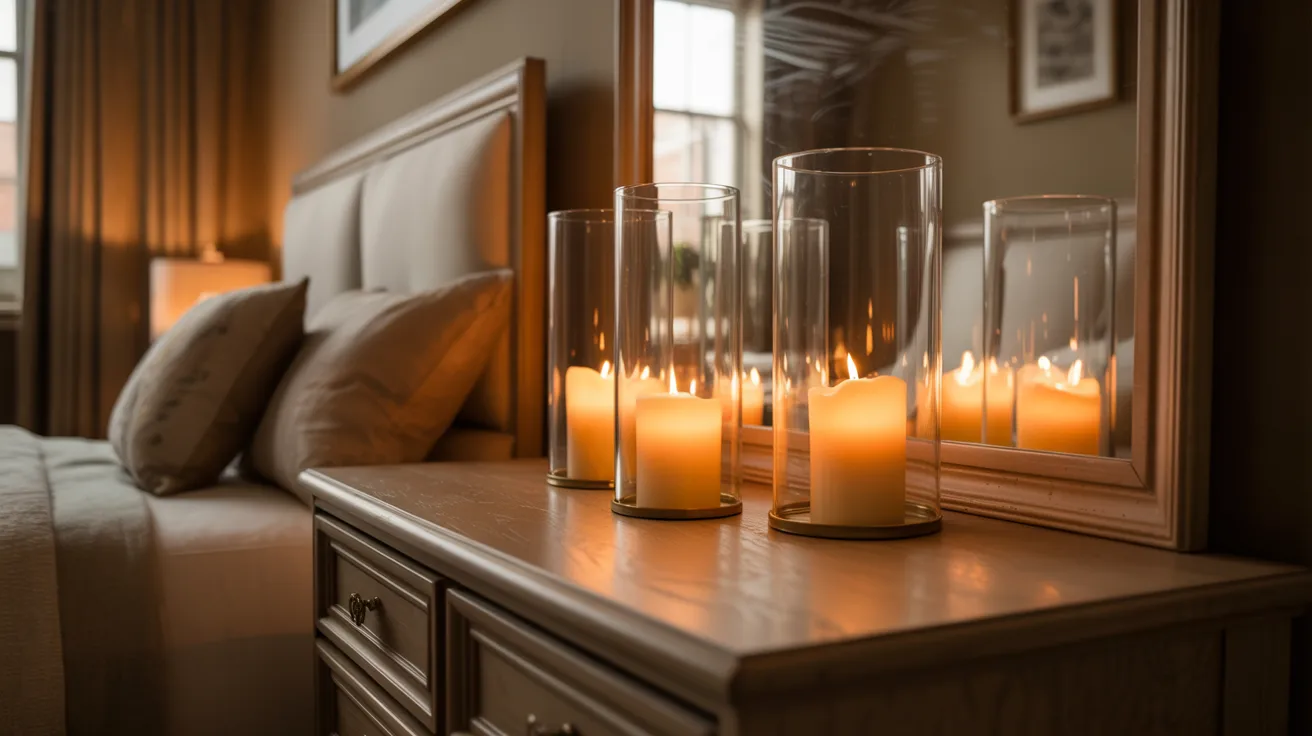 A set of lit candles on a nightstand, casting a warm glow in a cozy bedroom setting.
