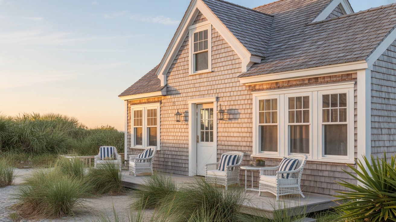 A cozy beach cottage featuring a porch with chairs, surrounded by sandy shores and gentle waves in the background.