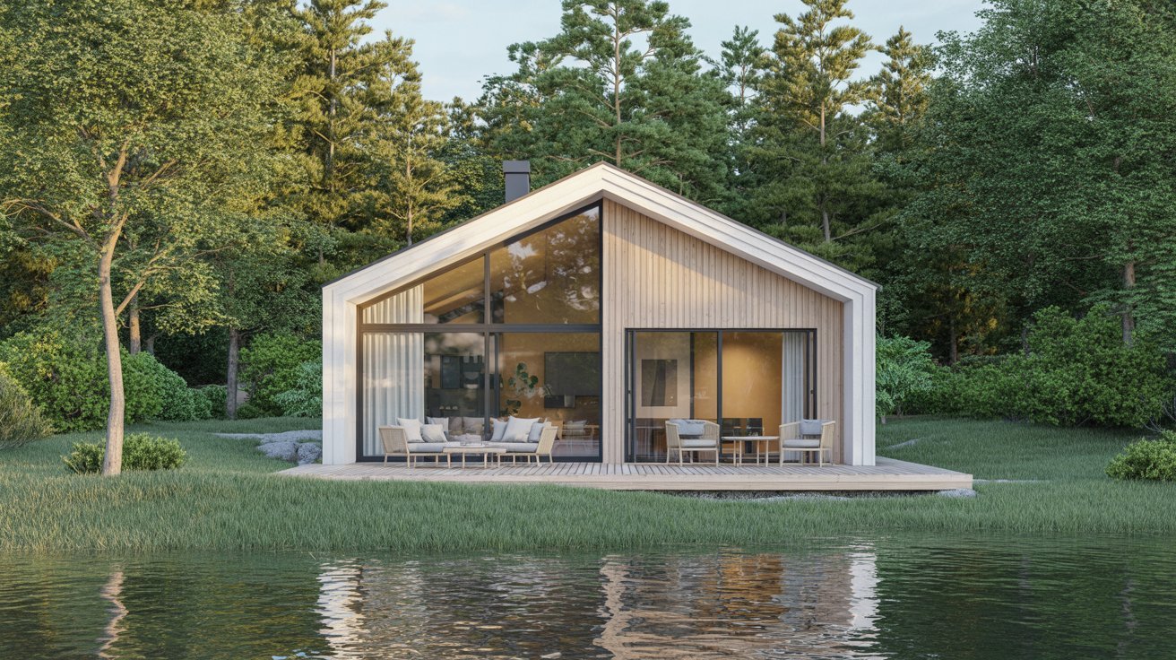A small cabin sits peacefully at the edge of a serene lake, surrounded by trees and reflecting the calm water.