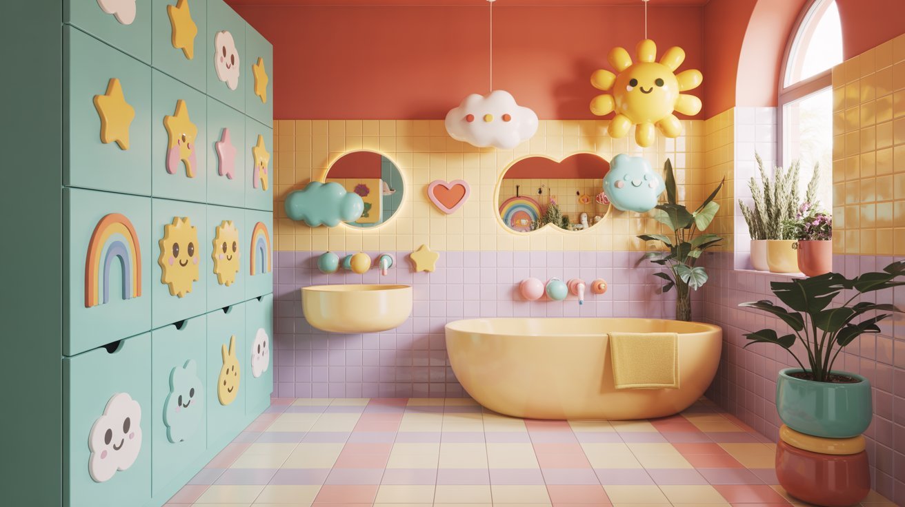 A vibrant bathroom featuring a yellow bathtub and walls adorned with various colorful patterns.
