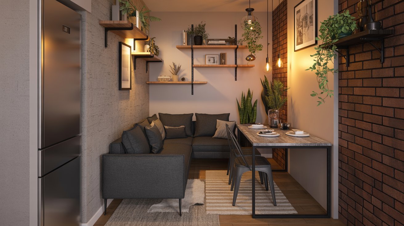  A small apartment interior featuring a couch, a table, and shelves against the walls.