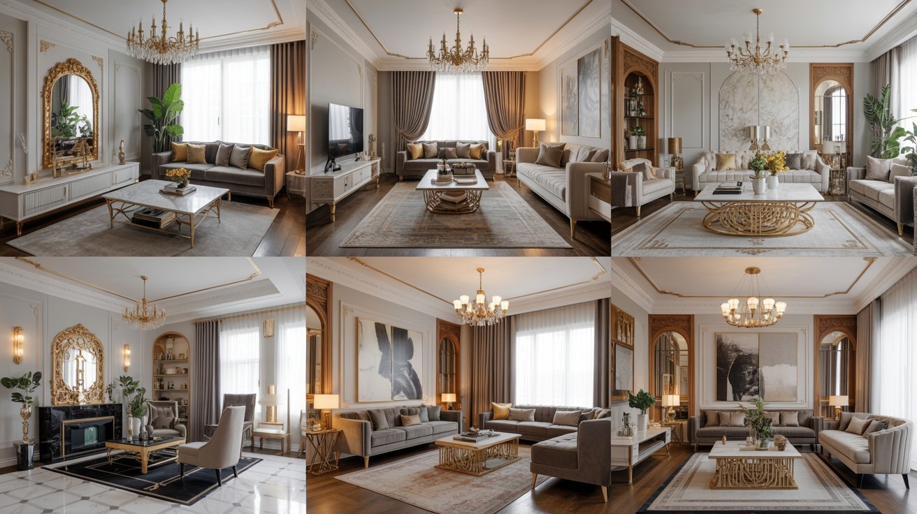 A collage showcasing various living room furniture styles, including sofas, chairs, and tables in diverse designs.