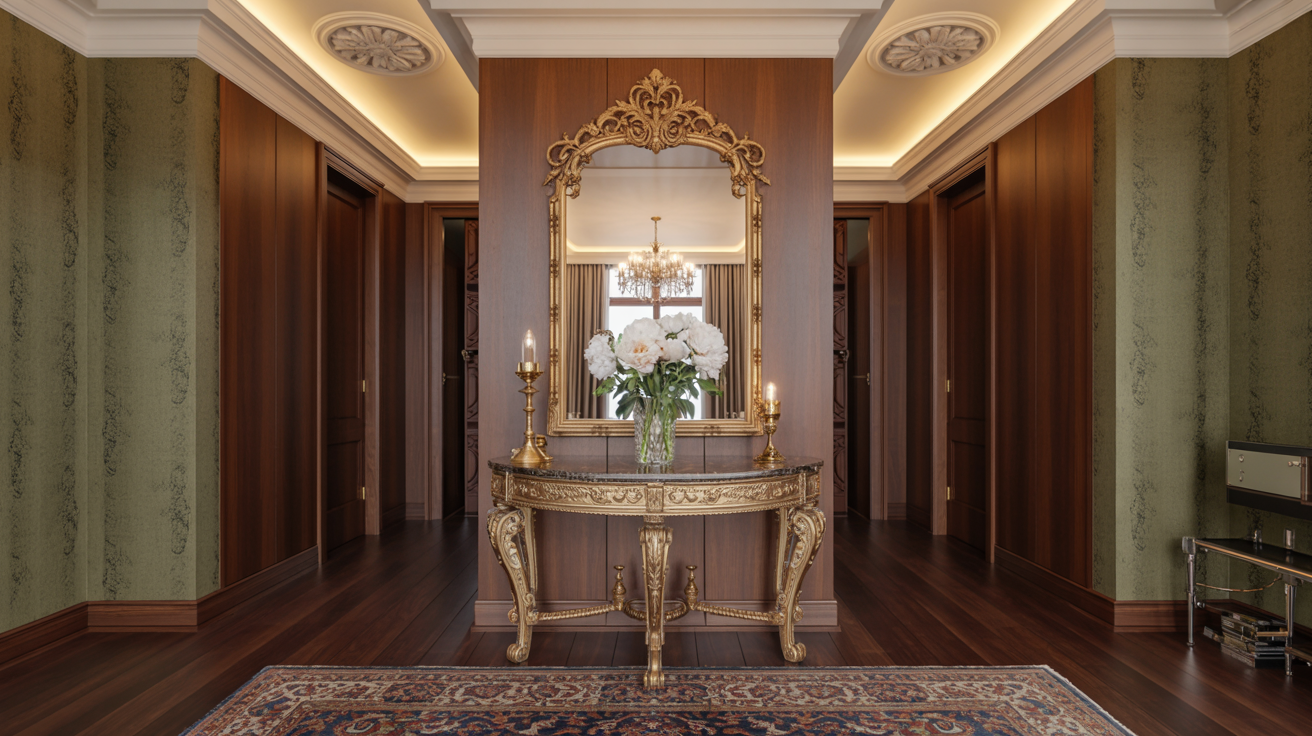 A hallway scene showcasing a wall mirror and a stylish table positioned nearby.