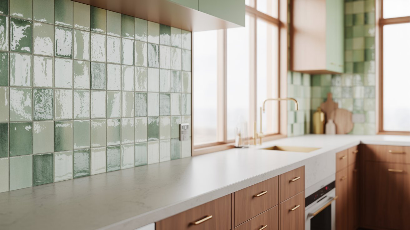 A kitchen with green tiles on the walls, enhancing the room's aesthetic appeal.