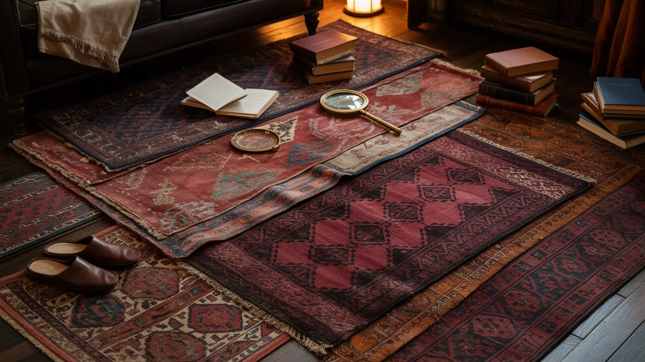 A rug on the floor surrounded by scattered books and a pair of shoes, creating a cozy, lived-in atmosphere.
