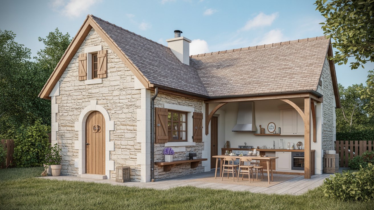 A cozy cottage featuring a kitchen and dining area, showcasing a warm and inviting atmosphere.