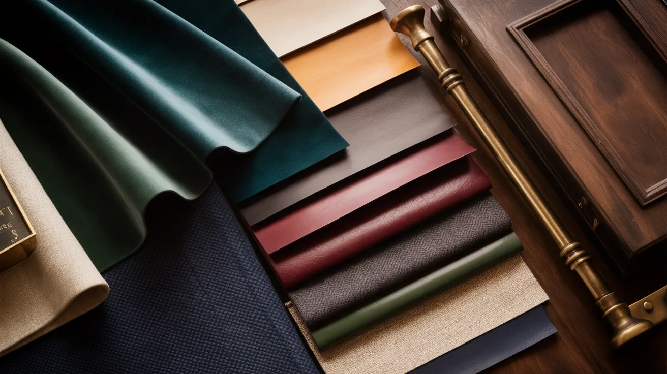  A selection of various leathers and fabrics is neatly arranged on a table, showcasing different textures and colors.
