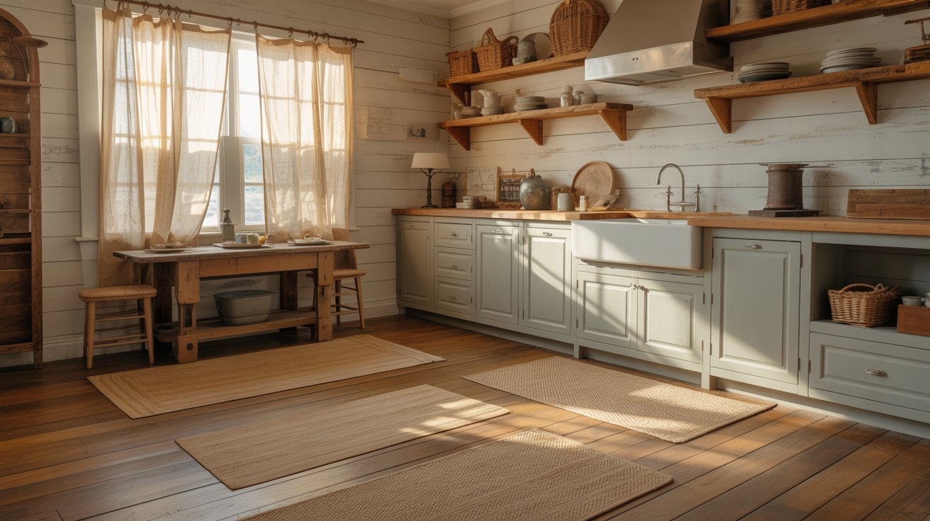  A kitchen featuring wooden floors and shelves, creating a warm and inviting atmosphere.