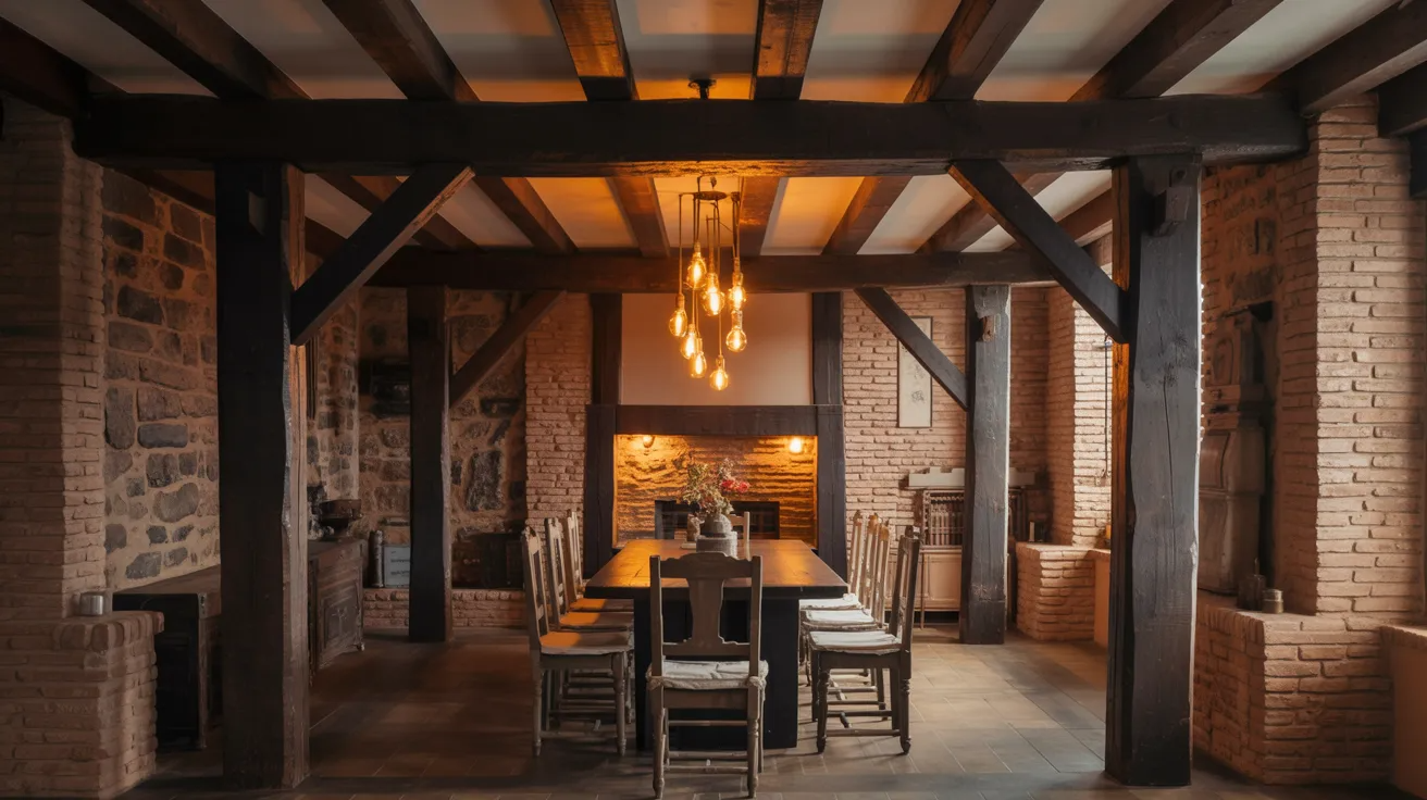 The dining room of the old mill features rustic wooden tables and vintage decor, evoking a warm, historic atmosphere.