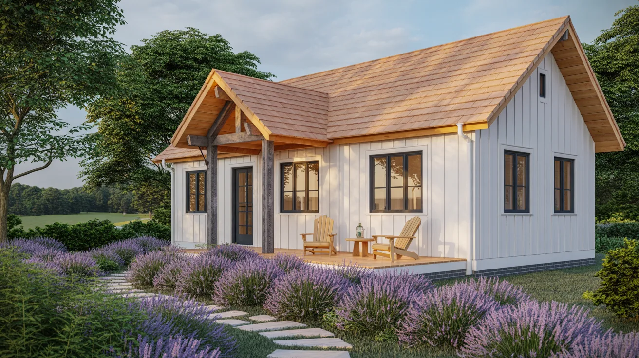 A small white cabin surrounded by blooming lavender plants in a serene outdoor setting.