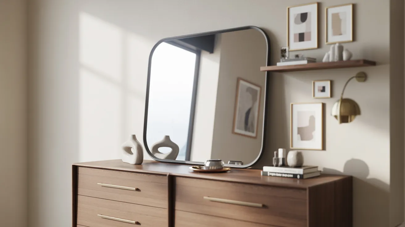 A dresser featuring a mirror above and a shelf, designed for storage and enhancing bedroom aesthetics.