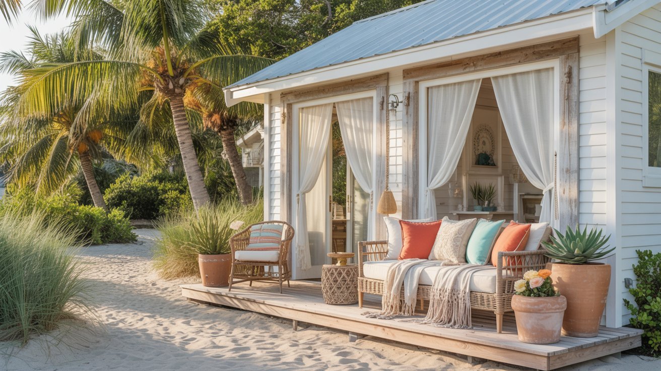 A quaint white cottage with a welcoming porch and a comfortable couch, set in a serene outdoor environment.