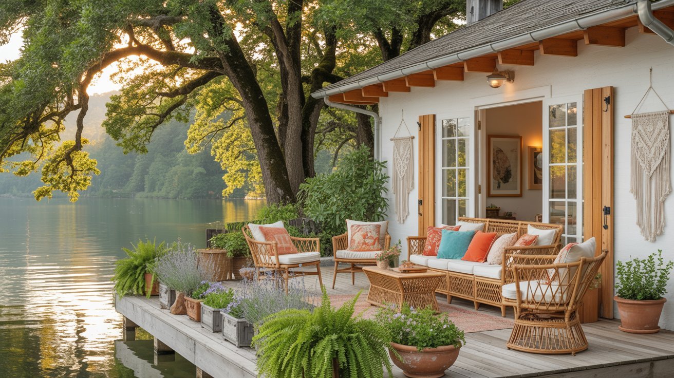 A serene lake house featuring wicker furniture and a welcoming porch overlooking the water.