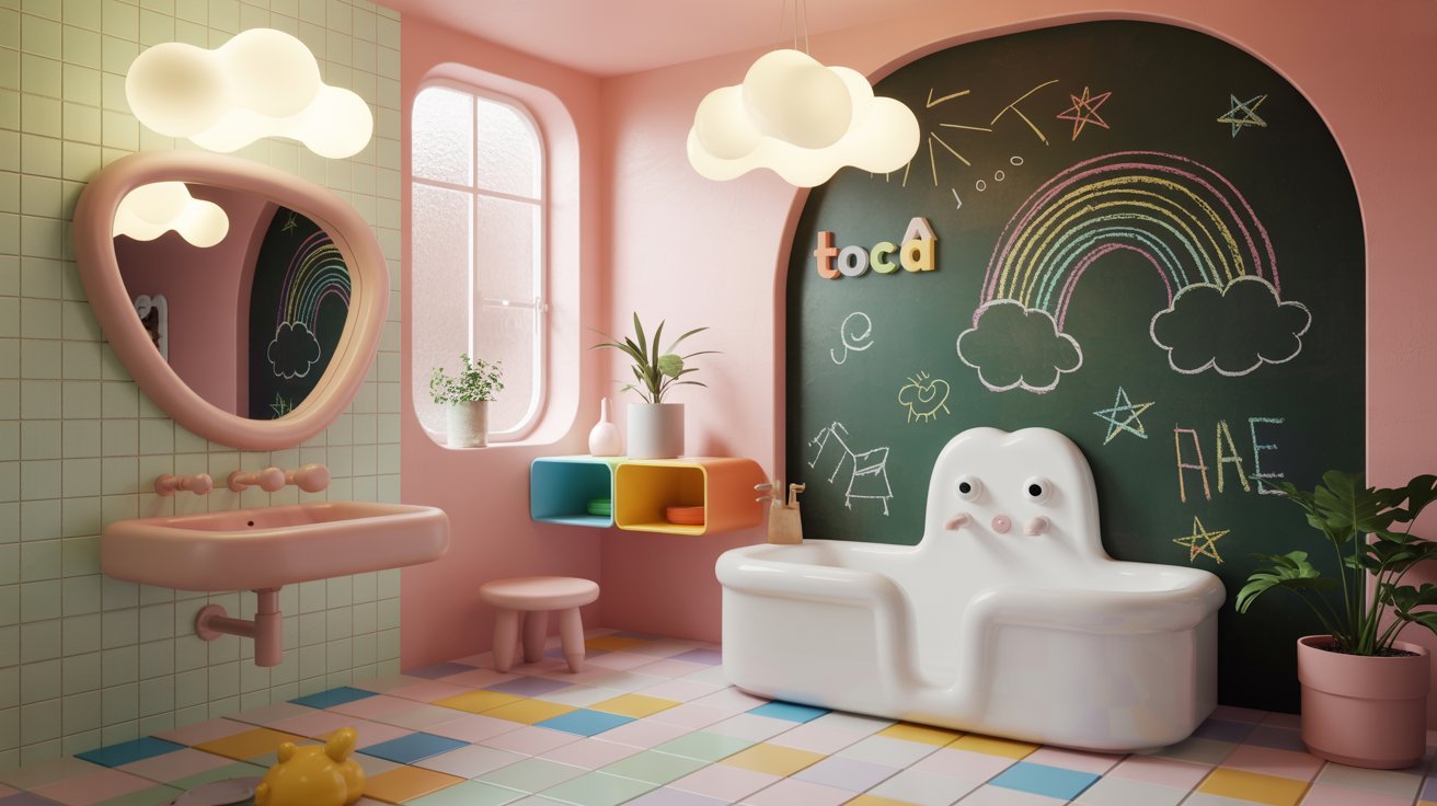 A bathroom featuring a pink wall and a chalkboard, creating a playful and colorful atmosphere.