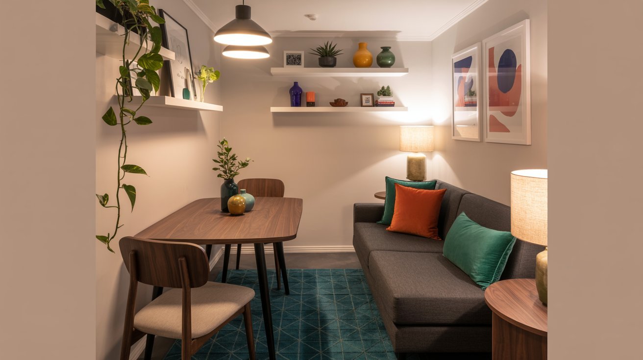 A cozy small living room featuring a couch, a table, and chairs arranged for relaxation and socializing.