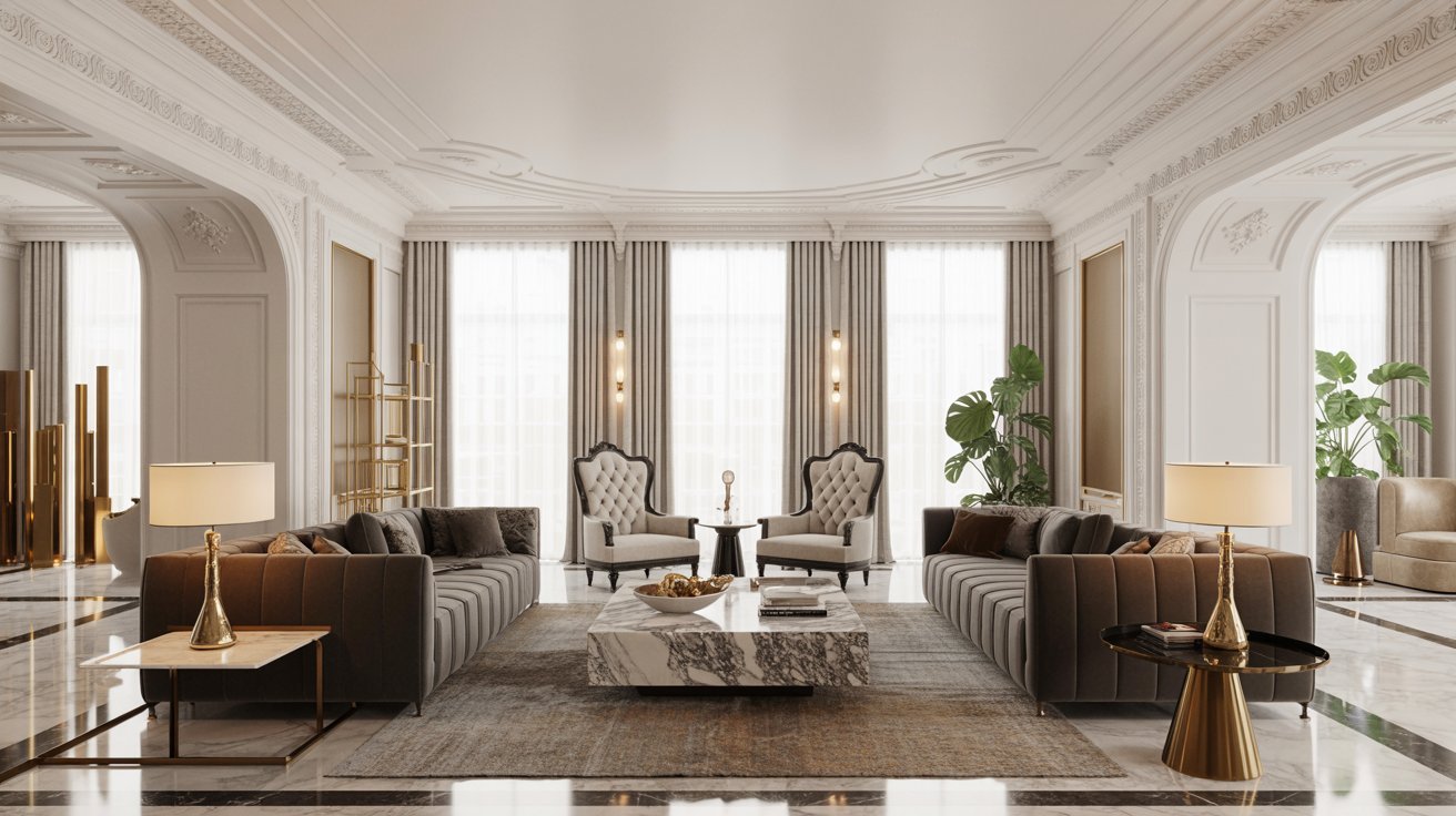 A spacious living room featuring elegant marble floors and pristine white walls, creating a bright and modern atmosphere.