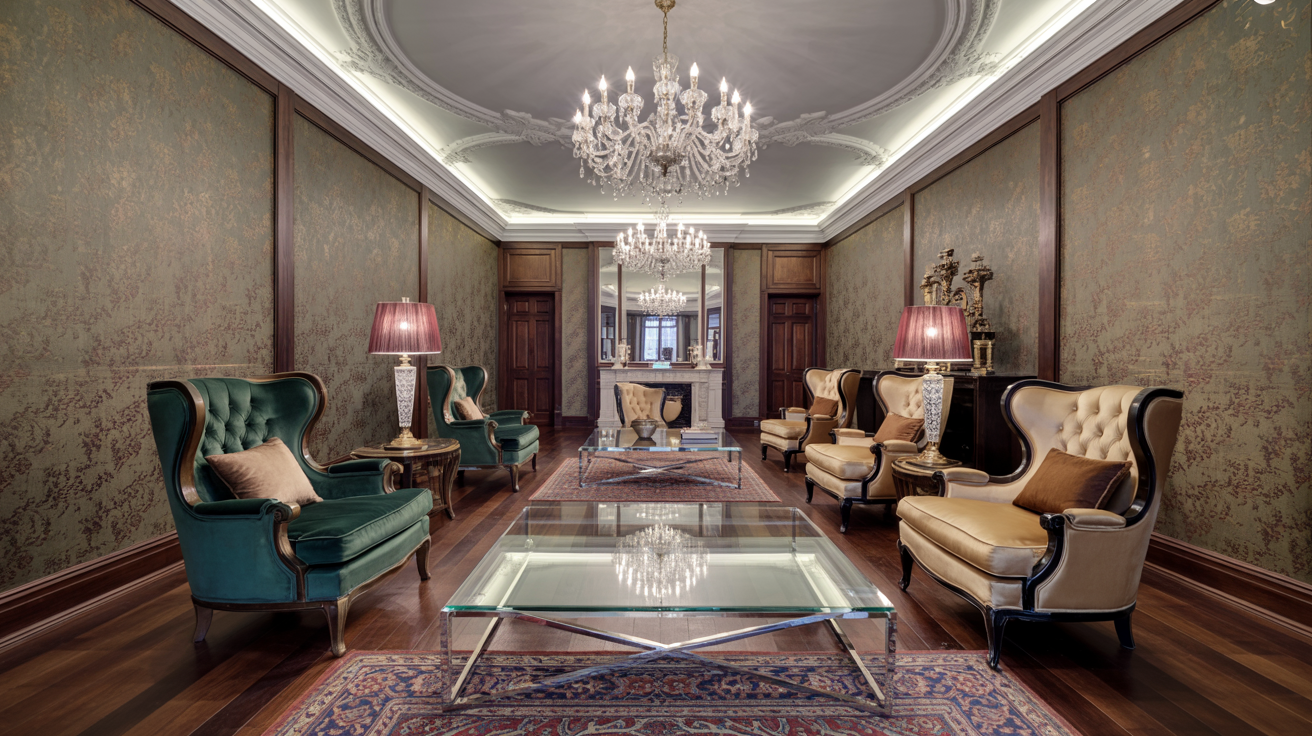 A cozy living room featuring elegant chairs and a sparkling chandelier hanging from the ceiling.