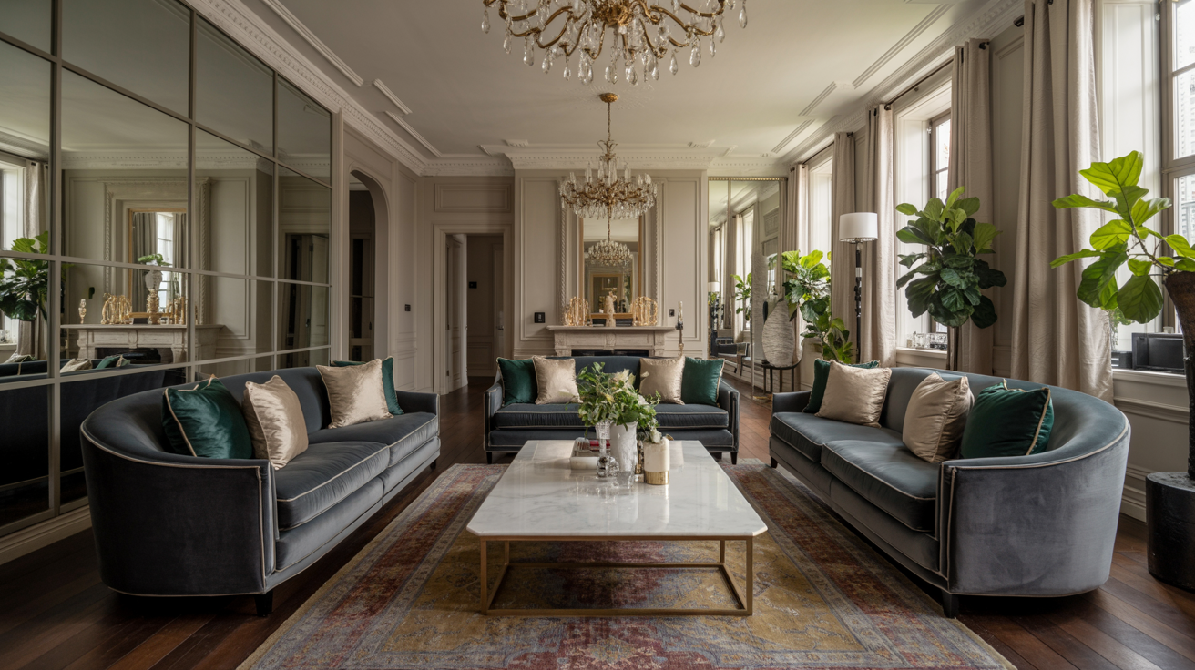 A cozy living room featuring plush couches and an elegant chandelier hanging from the ceiling.