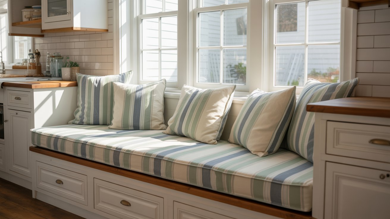 A cozy kitchen window seat surrounded by white cabinets, inviting natural light into the space.
