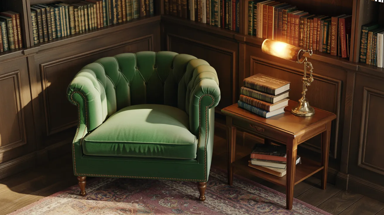 A green chair placed before a bookcase, showcasing a variety of books on its shelves.