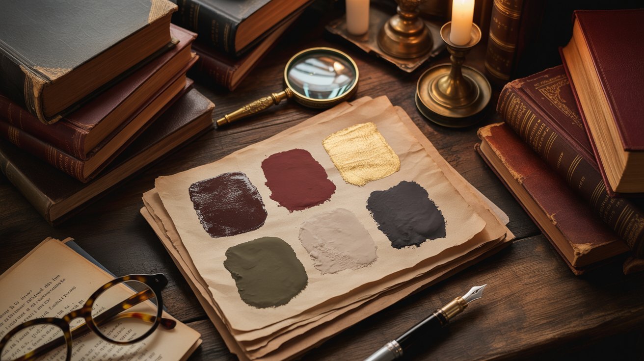  An old book and a magnifying glass among various items displayed on a wooden table.