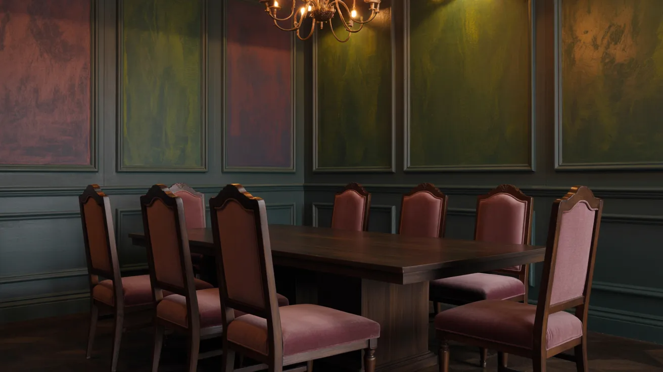  A dining room featuring a wooden table surrounded by four chairs, with soft lighting and a warm atmosphere.