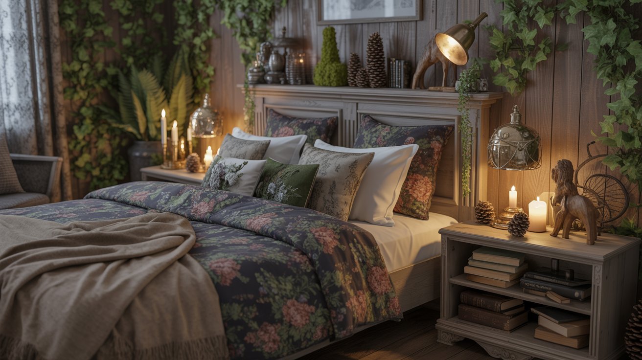 A cozy bedroom featuring a bed, two nightstands, and decorative plants enhancing the serene atmosphere.