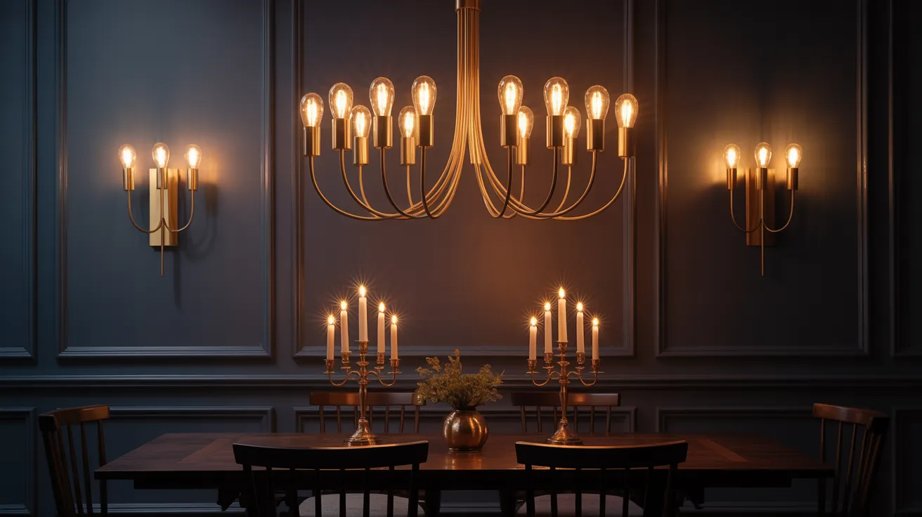 A dining room featuring an elegant chandelier and flickering candles, creating a warm and inviting atmosphere.