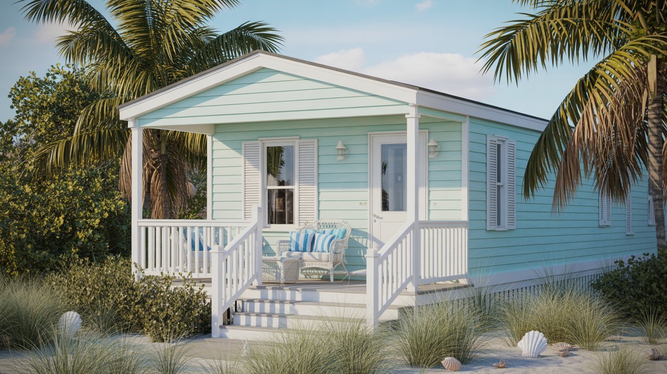 A small blue house with a white porch, featuring a welcoming front entrance and a cozy outdoor space.