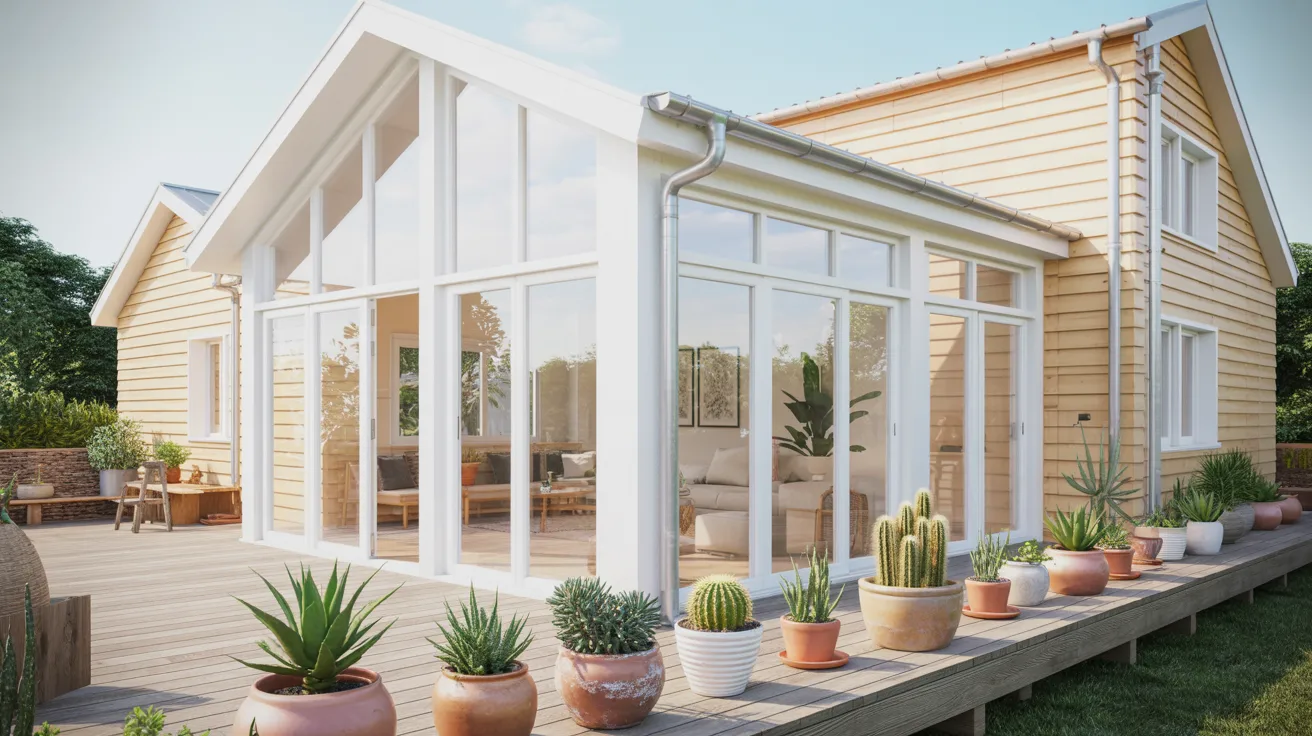 A house featuring a deck adorned with various potted plants, creating a welcoming outdoor space.
