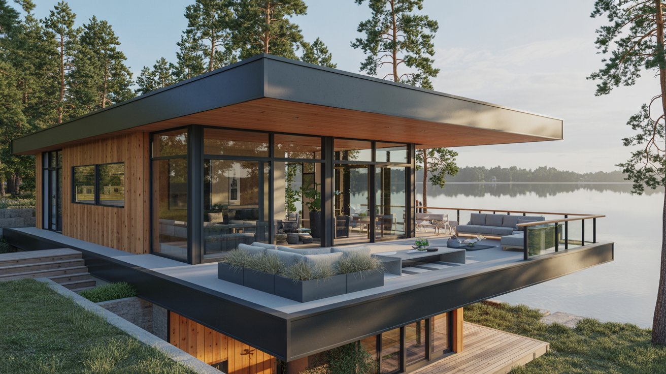  A sleek modern house situated on the edge of a serene lake, surrounded by lush greenery and clear blue skies.