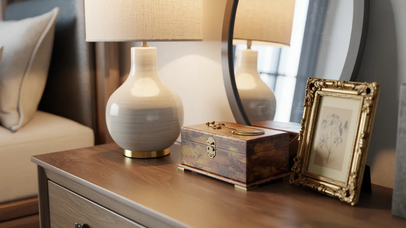 A bedside table featuring a lamp, a mirror, and a picture frame, creating a cozy and functional bedroom setting.
