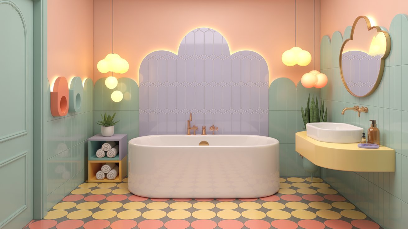  A bathroom featuring a pink and green color scheme, with coordinated decor and fixtures enhancing the vibrant atmosphere.