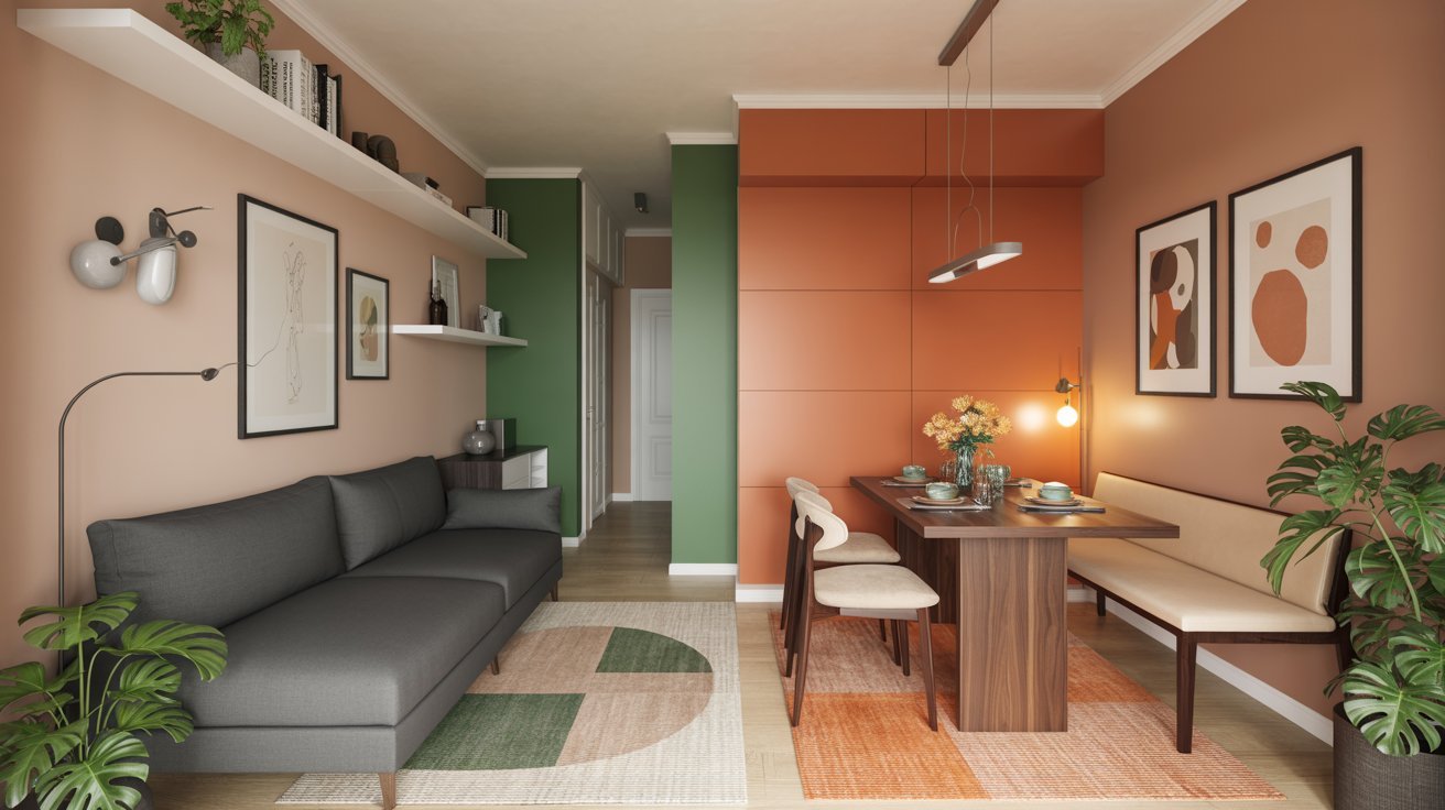 A modern apartment featuring vibrant orange walls complemented by stylish green accents throughout the space.