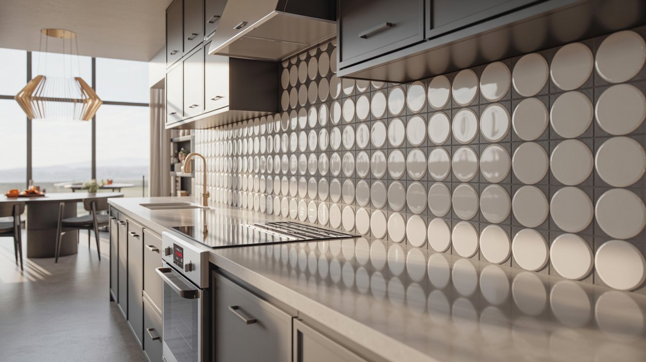 A kitchen featuring a circular pattern design on the wall, creating a modern and artistic atmosphere.