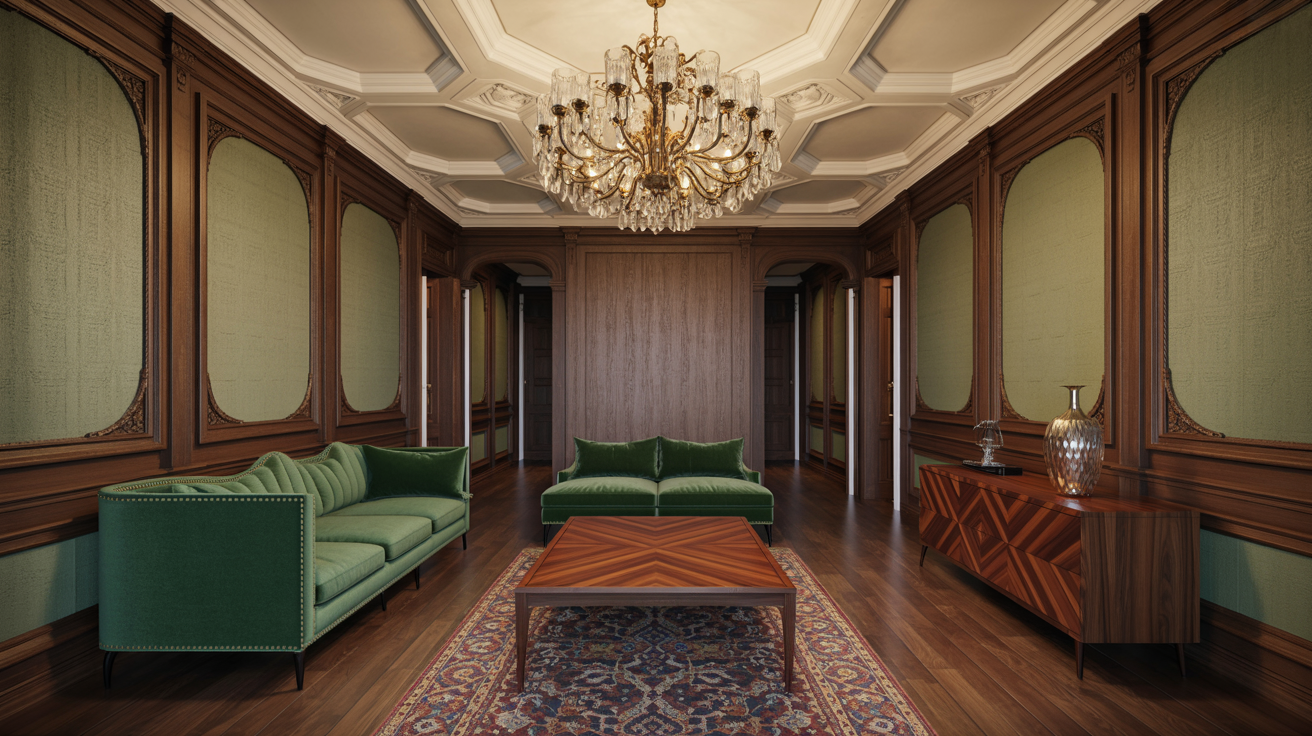  A room featuring green furniture and an elegant chandelier hanging from the ceiling.
