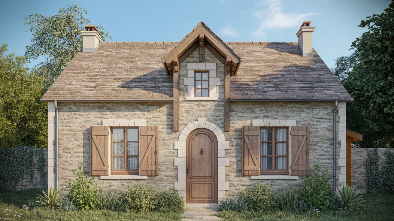 A quaint stone cottage featuring brown shutters, surrounded by greenery and a clear blue sky.