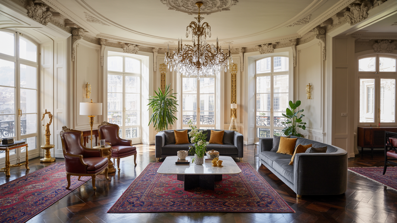 A spacious living room featuring a large chandelier and comfortable couches arranged for relaxation and socializing.