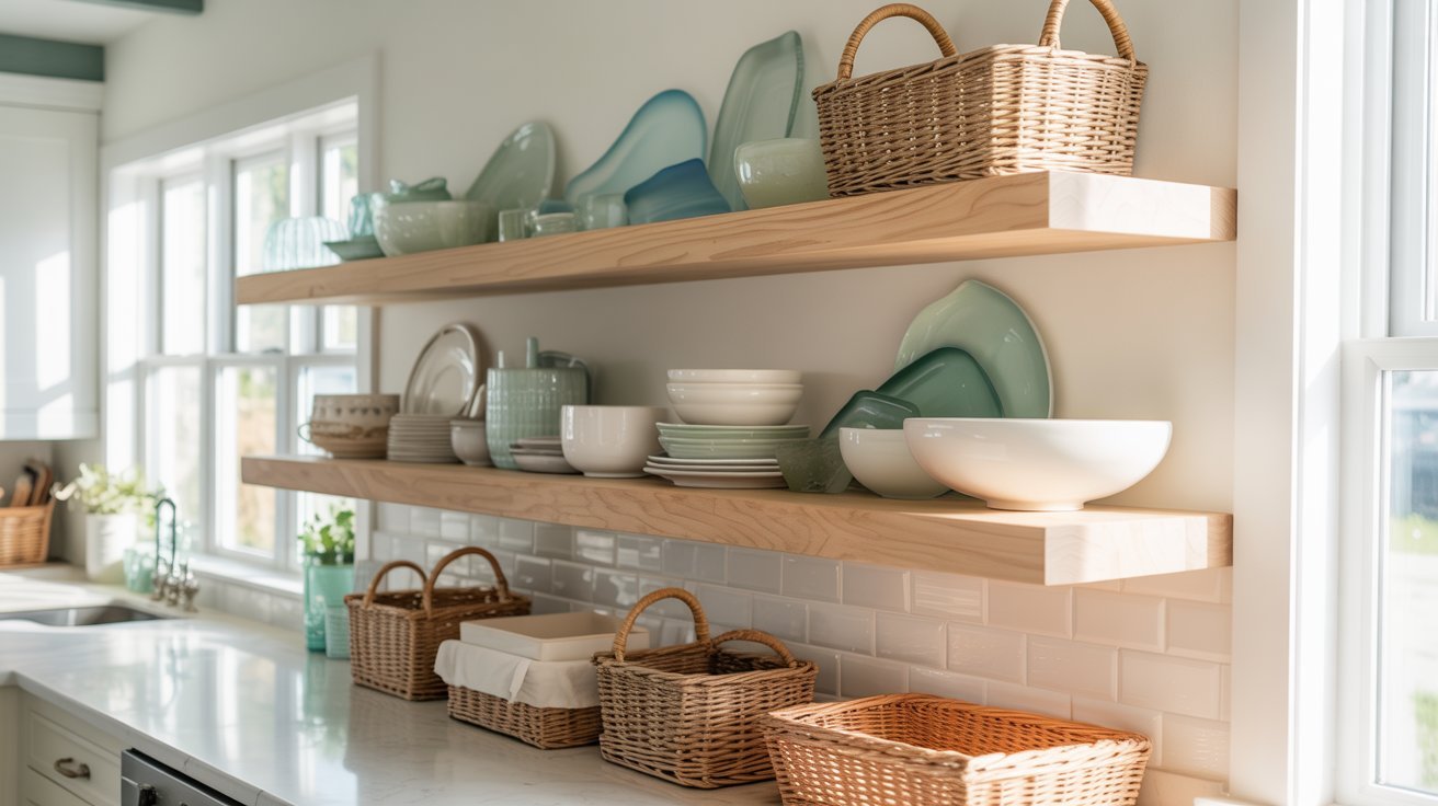  A kitchen featuring wall-mounted shelves and woven baskets for storage and organization.
