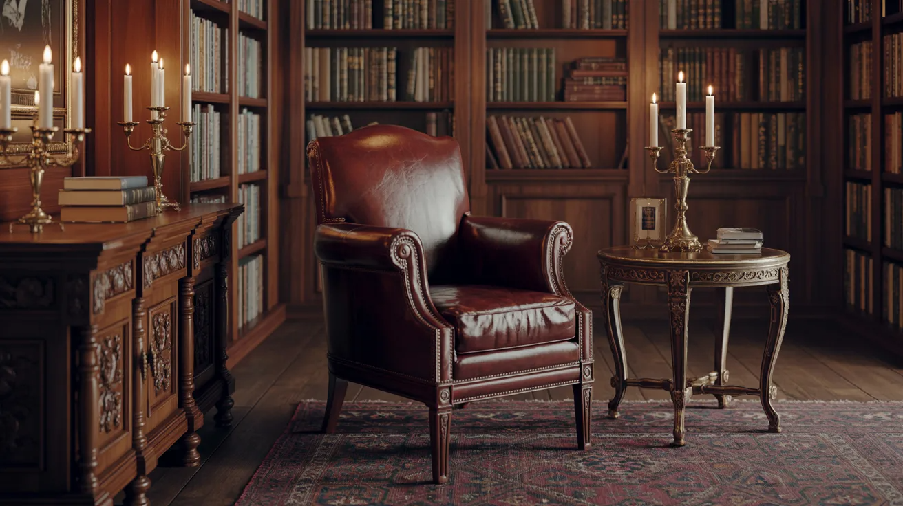 A cozy library featuring a leather chair beside a wooden table, surrounded by shelves of books.
