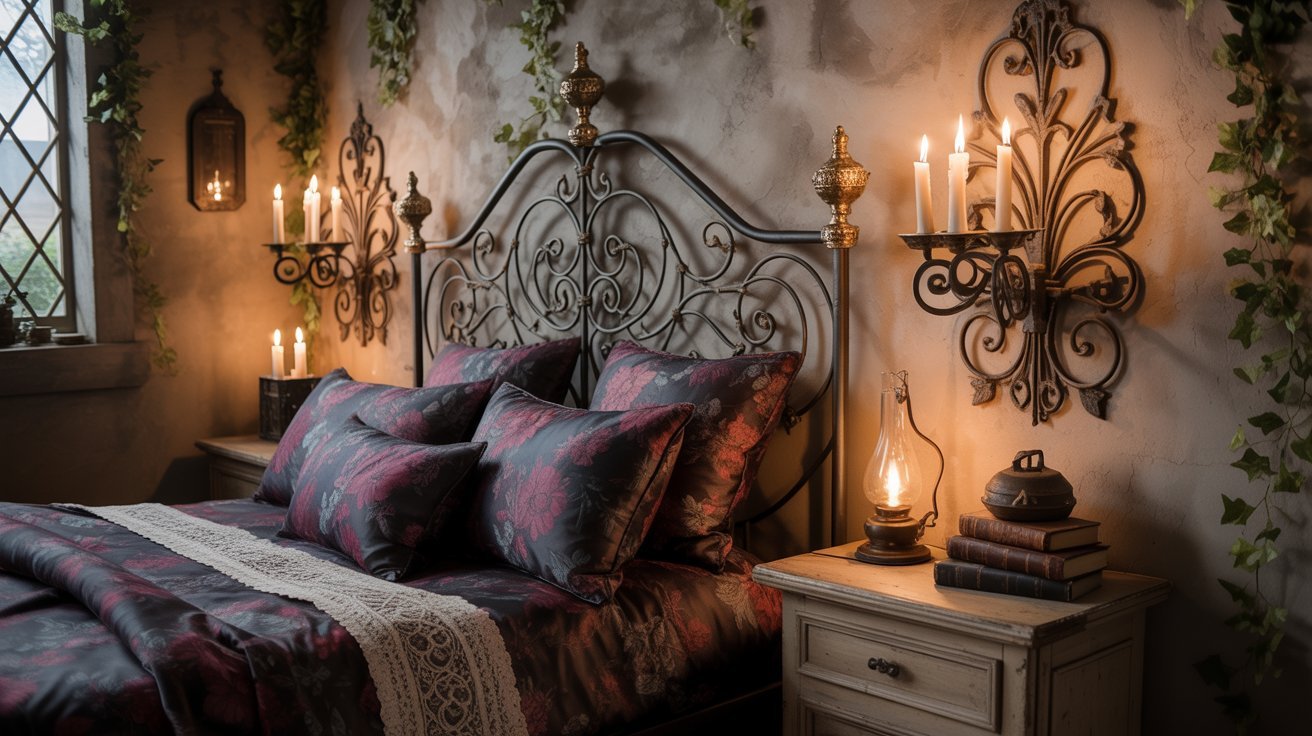 A cozy bedroom featuring a neatly made bed and softly glowing candles on a bedside table.